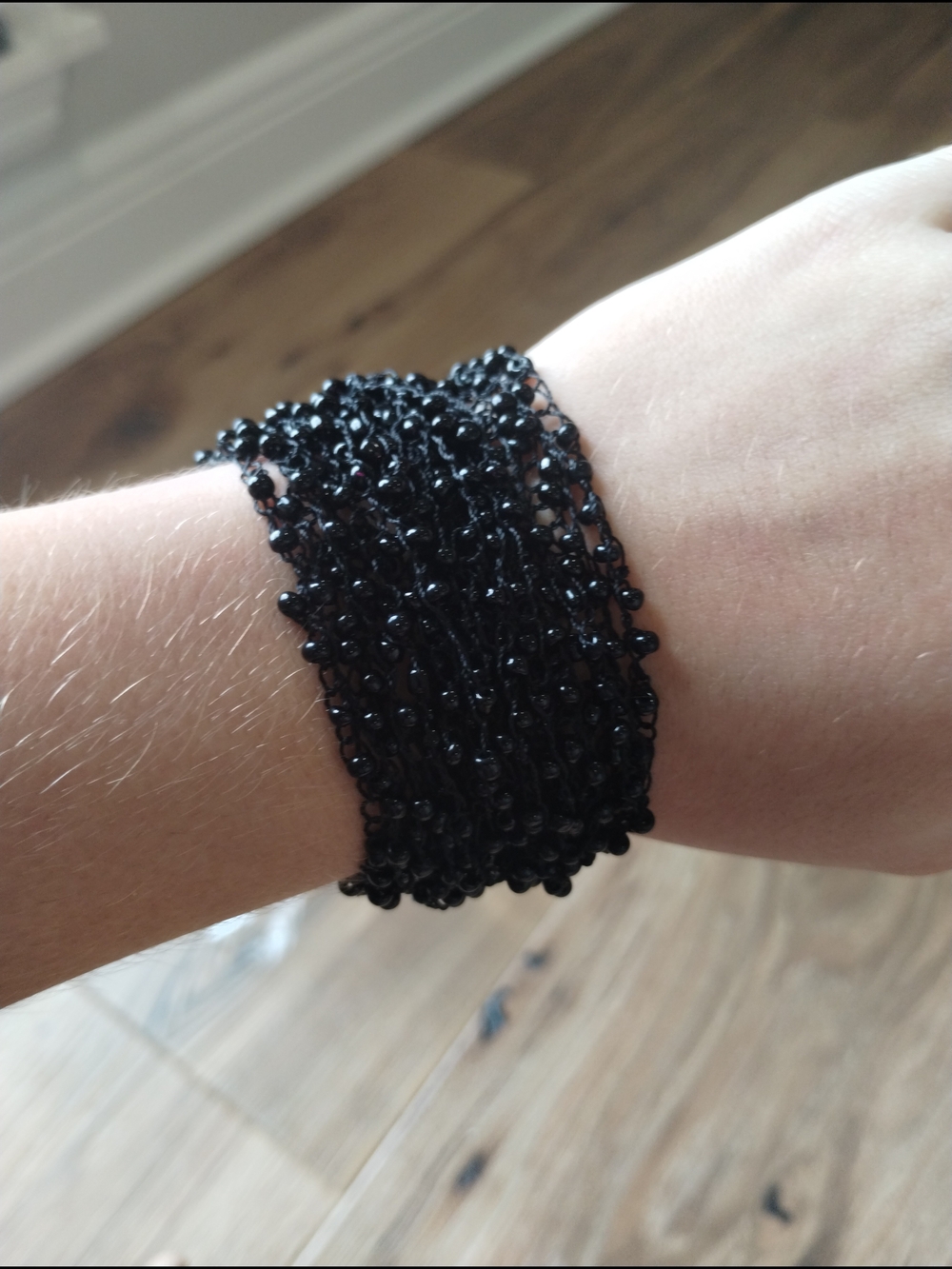 Handmade Black Beaded Wide Stretch Bracelet